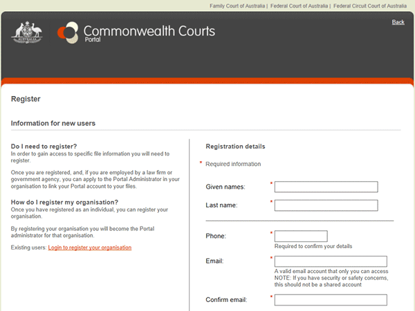 Screen shot registration page