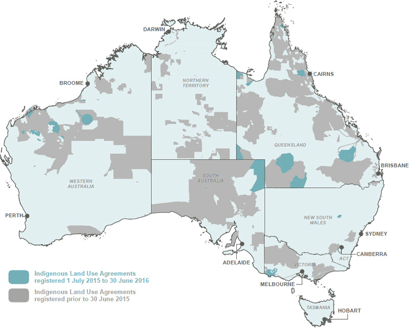 Map of Indigenous Land use Agreements as per the Register of Indigenous Land Use Agreements at 30 June 2016