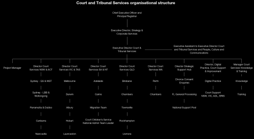 A diagram showing the Corporate Services organisation structure of the Federal Court Listed Entity. This is a complex diagram and may require specific support for visually impaired people. Please contact query@fedcourt.gov.au if required.