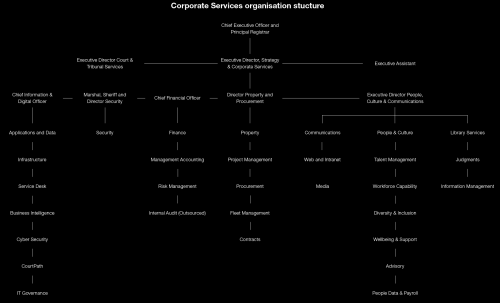 A diagram showing the Corporate Services organisation structure of the Federal Court Listed Entity. This is a complex diagram and may require specific support for visually impaired people. Please contact query@fedcourt.gov.au if required.